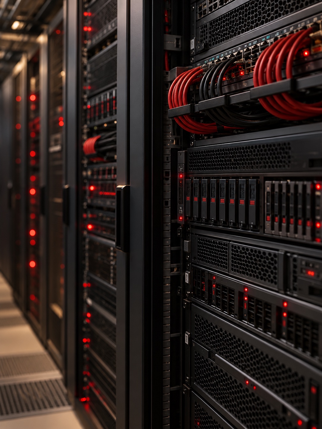 Close-up of server racks and network cabling